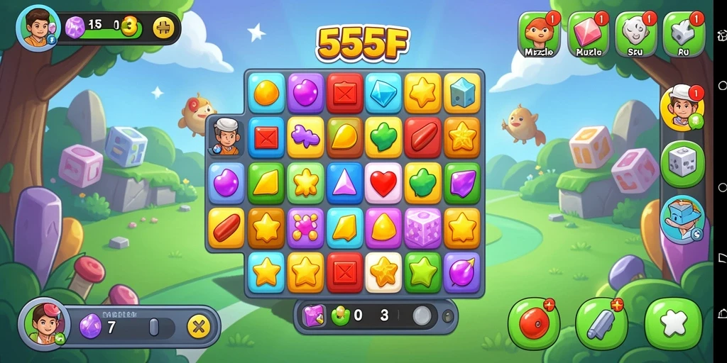 Screenshot permainan 555F menampilkan gameplay Match-3 yang seru.