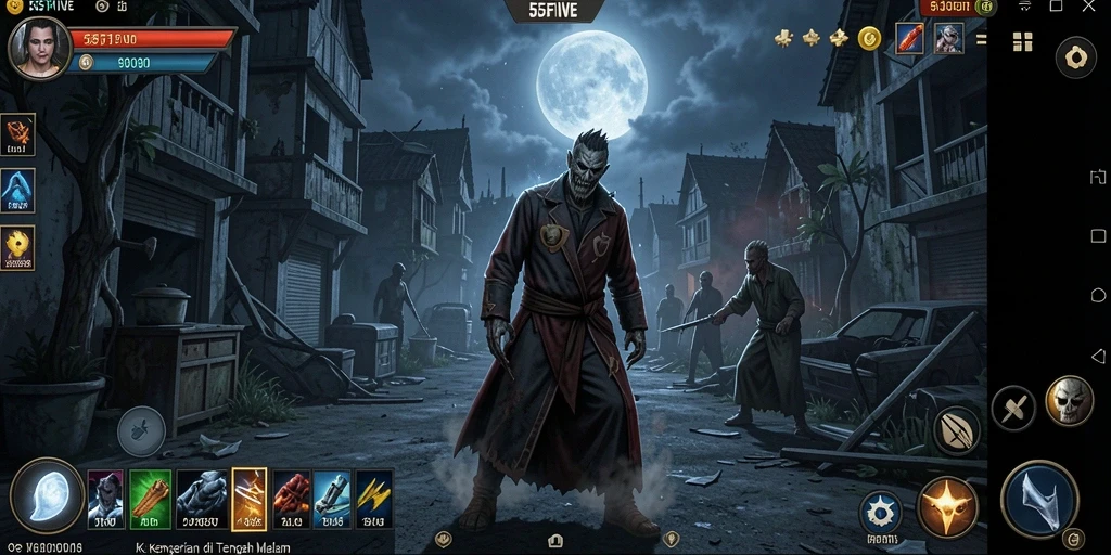 Screenshot gameplay 55FIVE menampilkan suasana mencekam dan karakter misterius.
