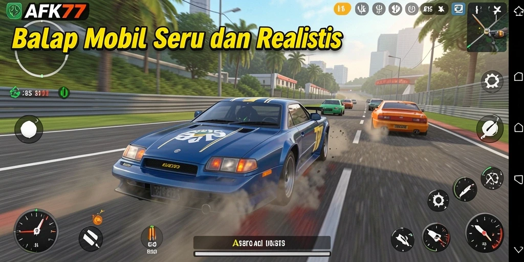 Tampilan gameplay balap mobil yang seru dan mendebarkan di AFK77.