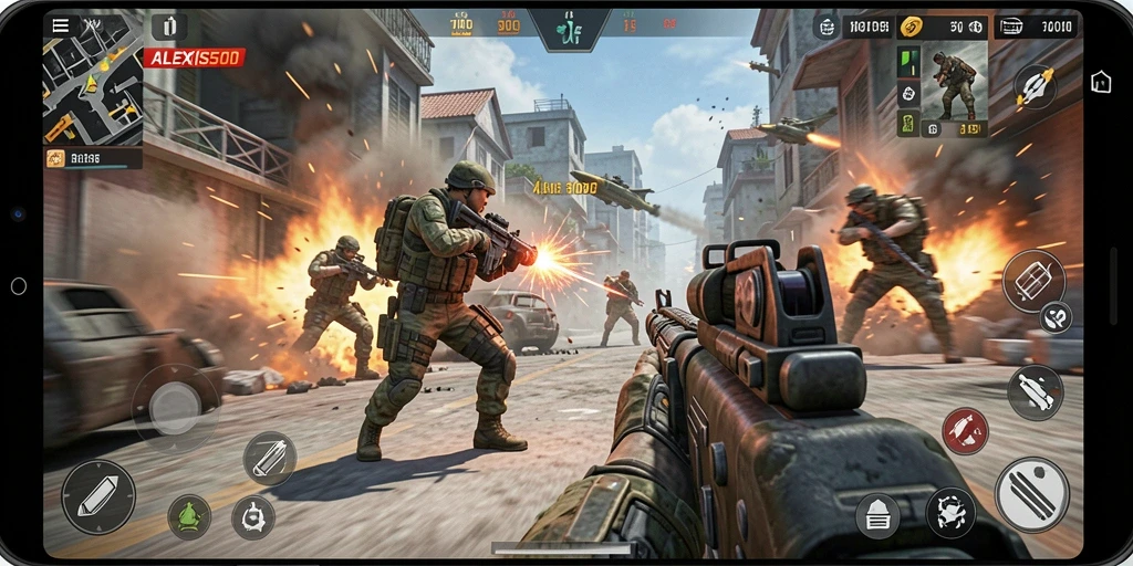 Screenshot gameplay ALEXIS500 yang menunjukkan aksi menembak seru di TPS.