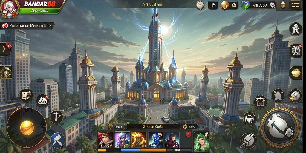Tampilan gameplay seru dari BANDAR88 dalam pertempuran Tower Defense.