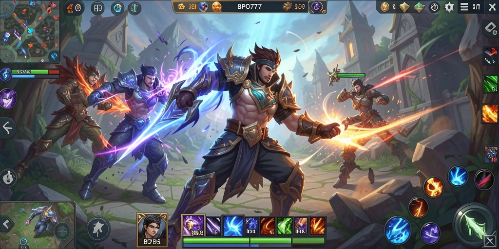 Screenshot utama BPO777 menampilkan aksi pertarungan seru dalam game MOBA.