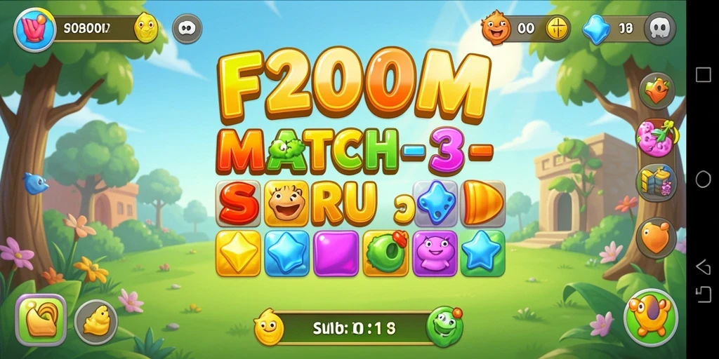 Tangkapan layar utama F200M menampilkan gameplay Match-3 yang seru dan warna-warni.
