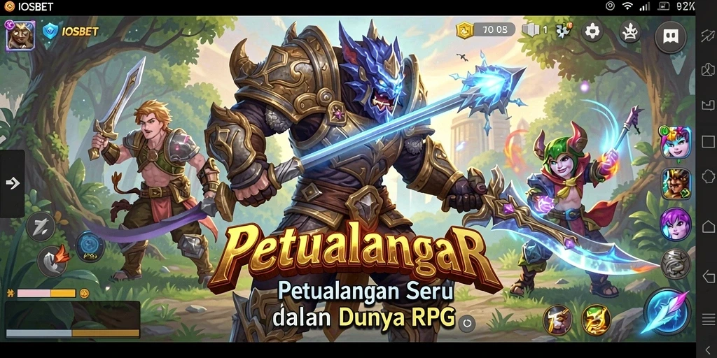 Screenshot utama IOSBET menampilkan karakter beraksi dalam pertarungan RPG epik.