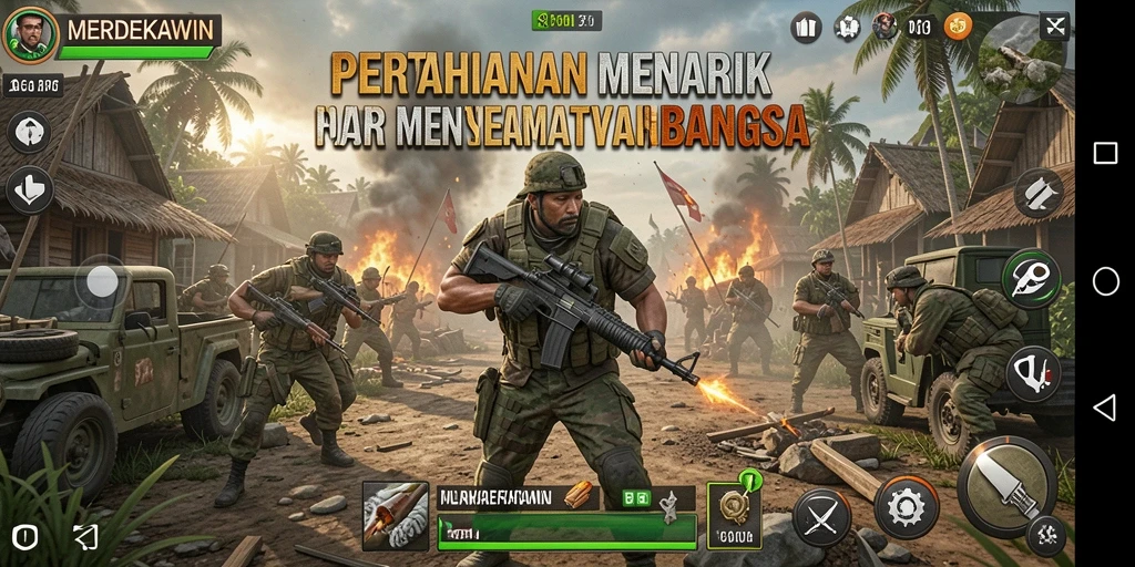 Gameplay menarik dari MERDEKAWIN menampilkan berbagai menara pertahanan.