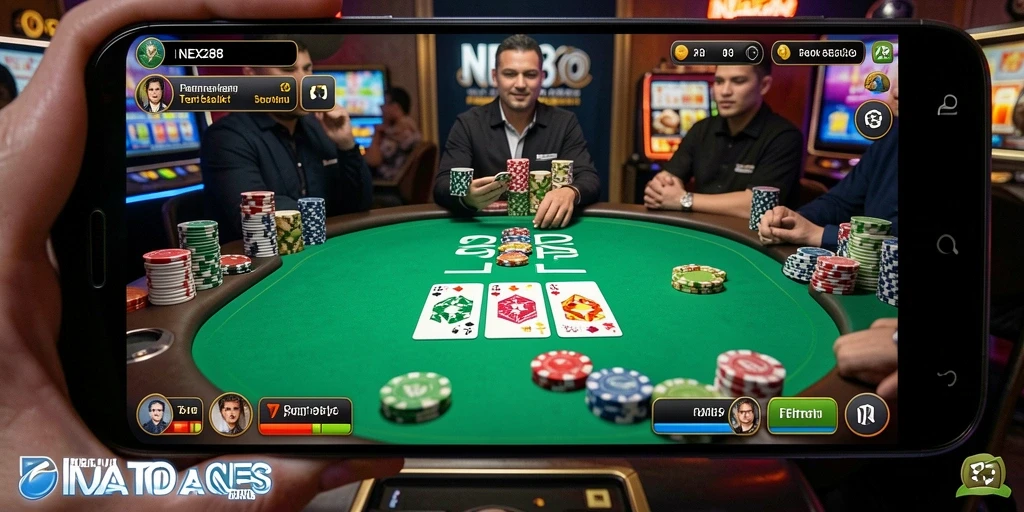 Tampilan gameplay NEX288 dengan suasana poker yang mendebarkan.
