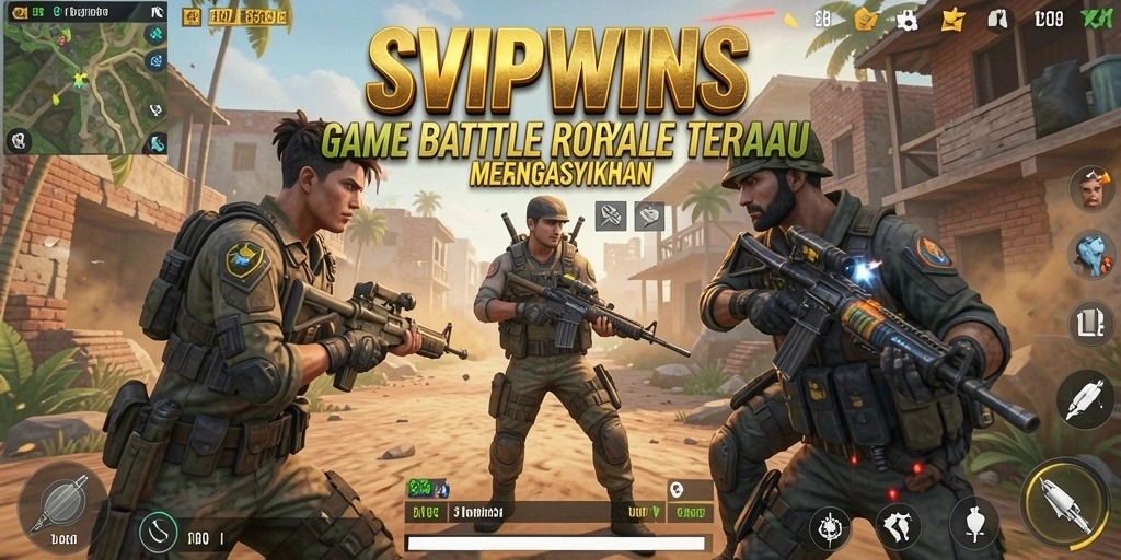 Screenshot utama SVIPWINS menampilkan pertarungan intens dalam medan perang Battle Royale.